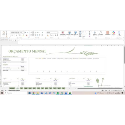 Documento Excel com orçamento mensal e gráficos verde claro