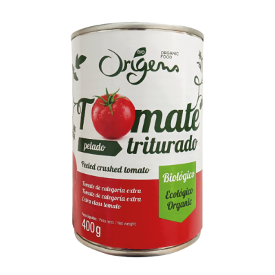 Lata branca de tomate triturado Origens Biológico com vermelho e verde.