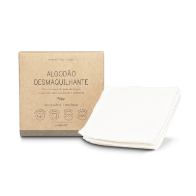 Algodão desmaquilhante mind the trash em embalagem de cartão castanho e cinco unidades do tecido branco ao lado.