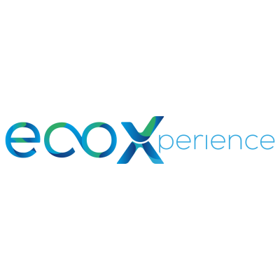 Logotipo com texto ecoXperience em azul e verde