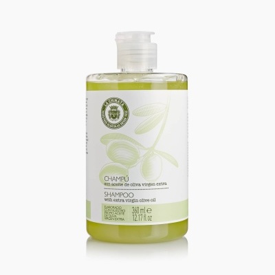 Frasco de shampoo com óleo de oliva virgem extra e rótulo branco e verde