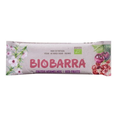 Barra BIOBARRA frutos vermelhos, embalagem branca com flores e frutos vermelhos