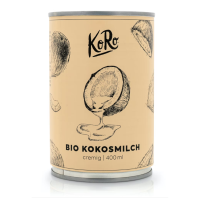 Lata de leite de coco orgânico KoRo com design bege e ilustrações de cocos