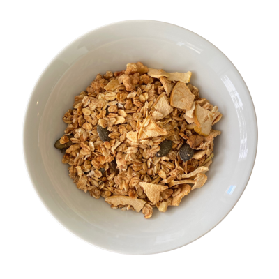 Tigela branca com granola variada e sementes