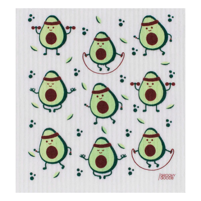 Pano de cozinha branco com desenhos animados de abacates a fazer exercícios.