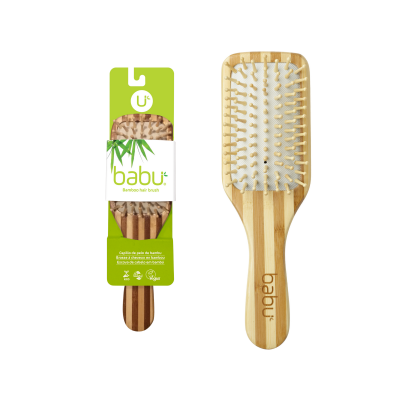 Escova de cabelo de bambu com cerdas claras e embalagem verde