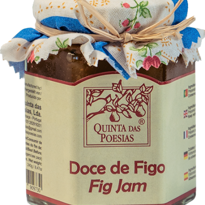 Frasco hexagonal de doce de figo com tampa decorada em tecido floral