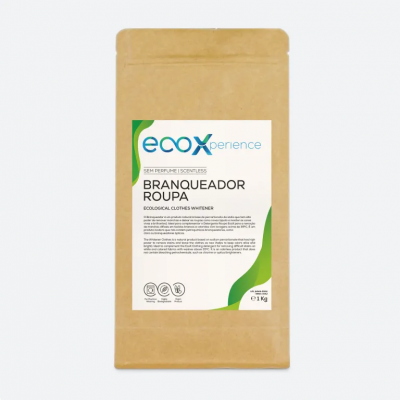 Embalagem de papel castanho com rótulo branco e verde do branqueador roupa ecoXperience 1 kg