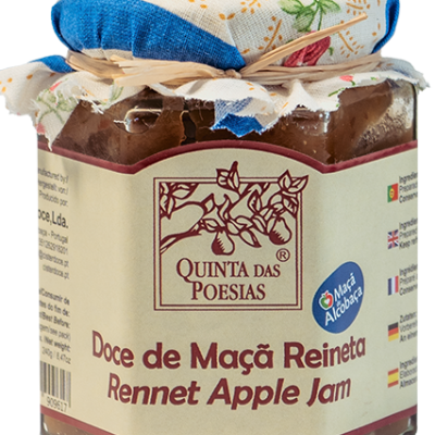 Frasco de compota de maçã com tampa de tecido e rótulo com texto