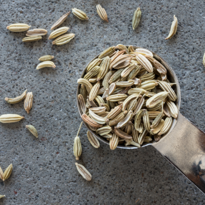 Colher com sementes de funcho em superfície cinzenta