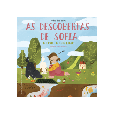 Capa de livro infantil com uma menina, dois cães e cenário natural verde