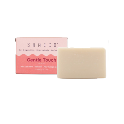 Barra de higiene íntima SHAEC Gentle Touch com embalagem em rosa e vermelho e barra de sabão bege clara