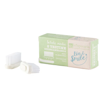 Duas escovas de substituição com embalagem verde e bege da laSaponaria