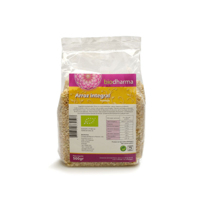 Pacote de arroz integral biodharma 500gr com etiqueta colorida e símbolo biológico