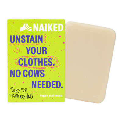 Sabonete vegano para manchas NAIKED com embalagem verde limão e sabonete bege claro