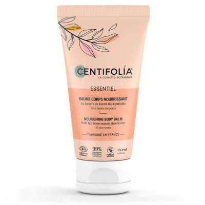 Tubo de bálsamo corporal nutritivo Centifolia Essentiel com design floral e texto em branco e preto