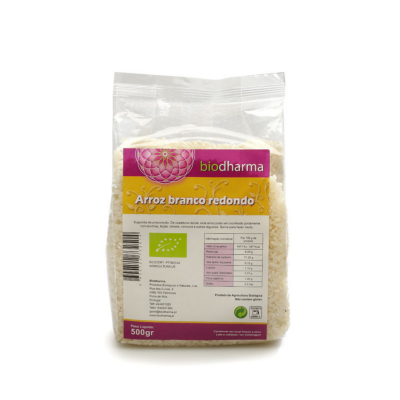Pacote de arroz branco redondo biodharma 500g com rótulo amarelo e roxo