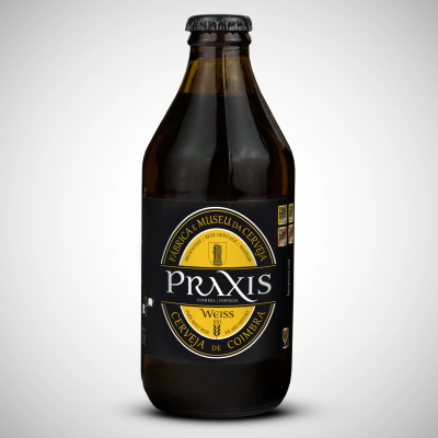 Garrafa de cerveja Praxis Weiss com rótulo preto e amarelo