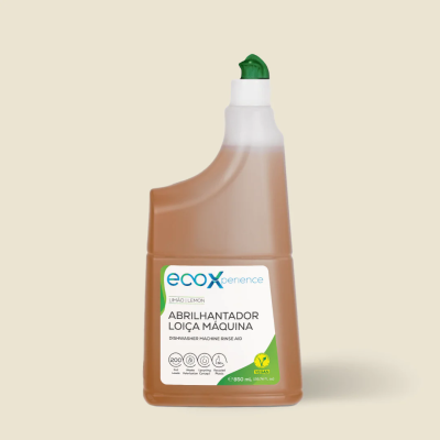 Abrilhantador para máquina de loiça ecoXperience limão em embalagem castanho translúcida com tampa verde.