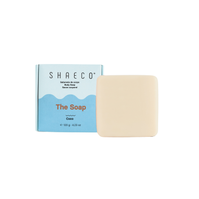 Sabonete de corpo SHAECÓ em barra com embalagem azul e branca