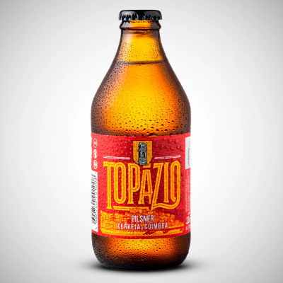 Garrafa de cerveja Topázio com rótulo vermelho e amarelo