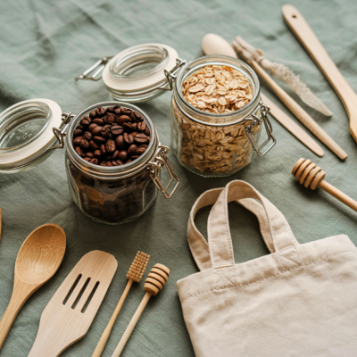 Frascos de vidro com grãos de café e flocos de aveia, utensílios de cozinha de madeira e saco de pano em fundo verde.