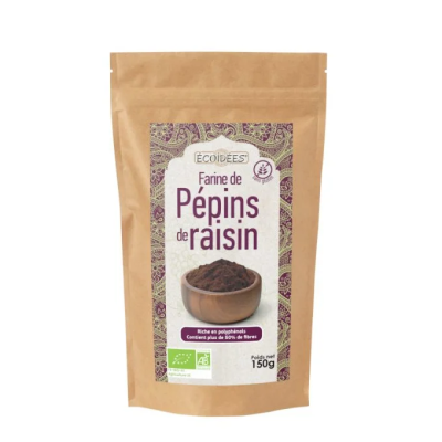 Embalagem de farinha de pépins de raisin de 150g com etiqueta roxa e dourada