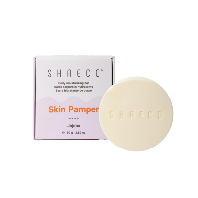 Barra hidratante corporal Sky Pamper da Shaeco com caixa lilás