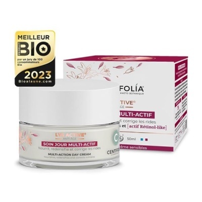 Embalagem de creme multi-ativo de dia Folia, rótulo em francês, caixa branca com rosa, selo MEILLEUR BIO 2023