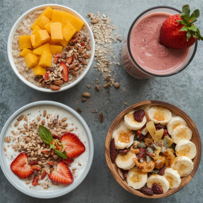 Três tigelas com frutas, sementes, iogurte e bebida rosa com morango em superfície cinza.