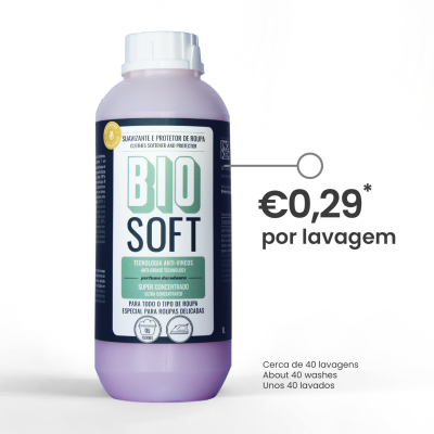 Frasco lilás de detergente Bio Soft para roupa colorida, 1 litro