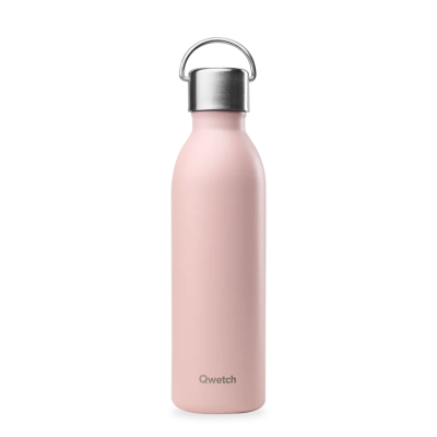 Garrafa térmica cor-de-rosa com tampa metálica e alça