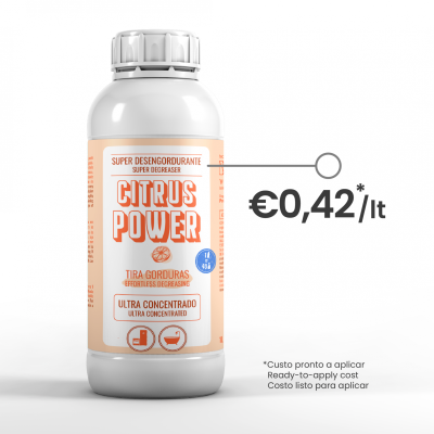 Garrafa plástica branca com rótulo laranja de desengordurante Citrus Power