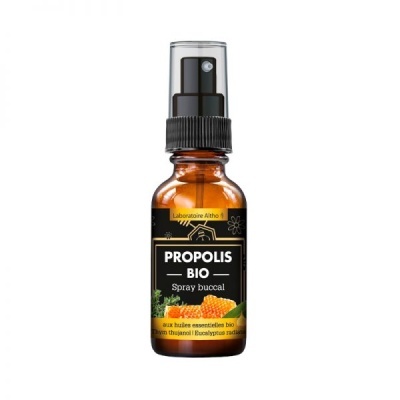Spray bucal Propolis Bio em frasco de vidro âmbar com rótulo preto e detalhes amarelos