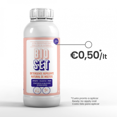 Frasco de detergente repelente natural de insetos BIO SET com rotulo rosa e branco