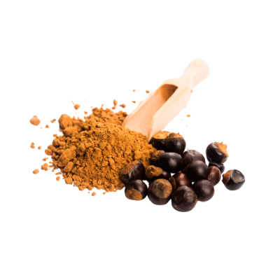 Pó castanho claro com sementes escuras e pá de madeira