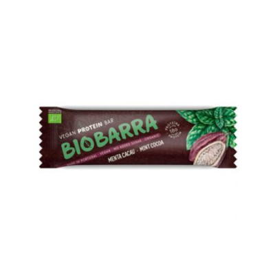 barra proteica vegan BIOBARRA menta cacau com folhas de hortelã e grãos de cacau