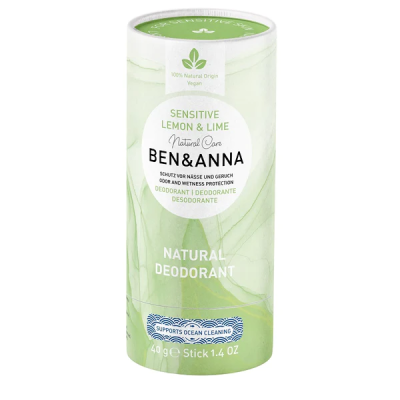 Desodorizante natural em stick Ben & Anna Sensitive Lemon & Lime em embalagem verde clara