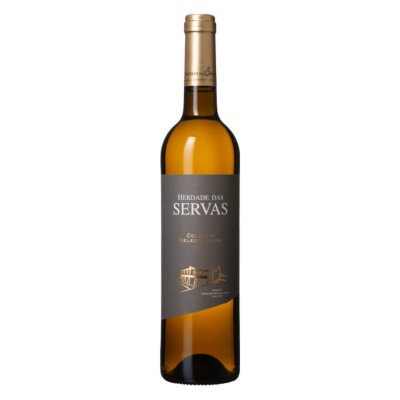 Garrafa de vinho branco Herdade das Servas com rótulo cinza