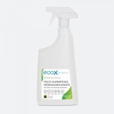 Frasco de spray desengordurante ecológico branco com rótulo verde e branco