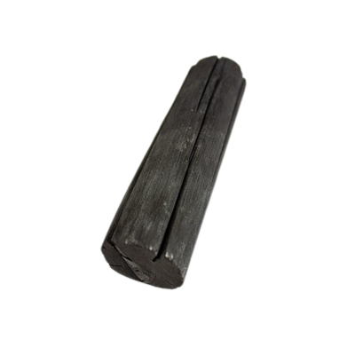 Barra preta de carvão vegetal cilíndrica com sulcos longitudinais