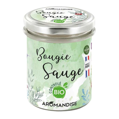 Frasco de vela aromática Bougie Sauge da AROMANDISE com etiqueta verde clara