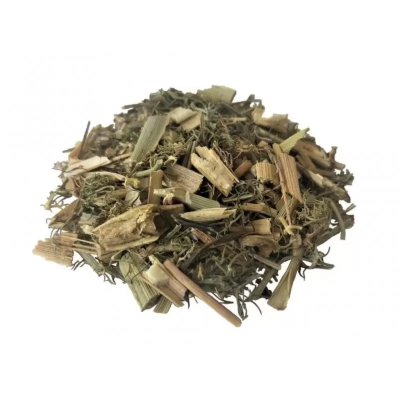 Mistura de ervas secas com folhas e caules verdes e castanhos