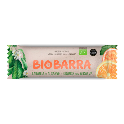 Embalagem de barra energética Biobarra sabor laranja do Algarve com desenhos de laranja e folhas verdes