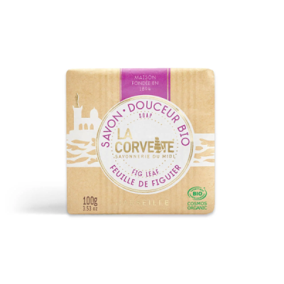 Sabonete La Corvette com embalagem em papel kraft e rótulo roxo e branco