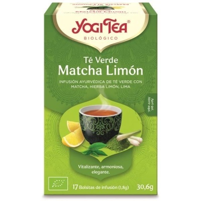 Embalagem verde de chá Yogi Tea Matcha Limón com texto em espanhol