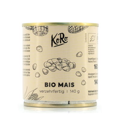 Lata de milho BIO MAIS KoRo 140 g com rótulo bege e ilustrações de milho