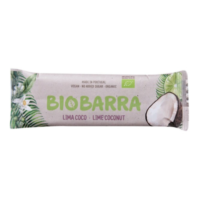 Barra BIOBARRA lima e coco com embalagem cinzenta e folhas verdes