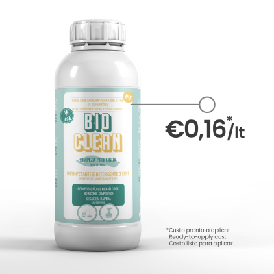 Frasco de detergente e desinfetante BIO CLEAN com rótulo azul e amarelo