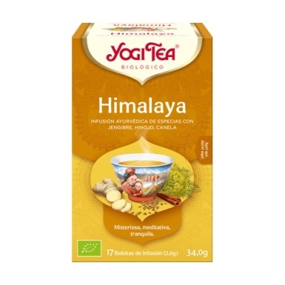 Caixa de chá Yogi Tea Himalaya com especiarias e imagem de taça de chá